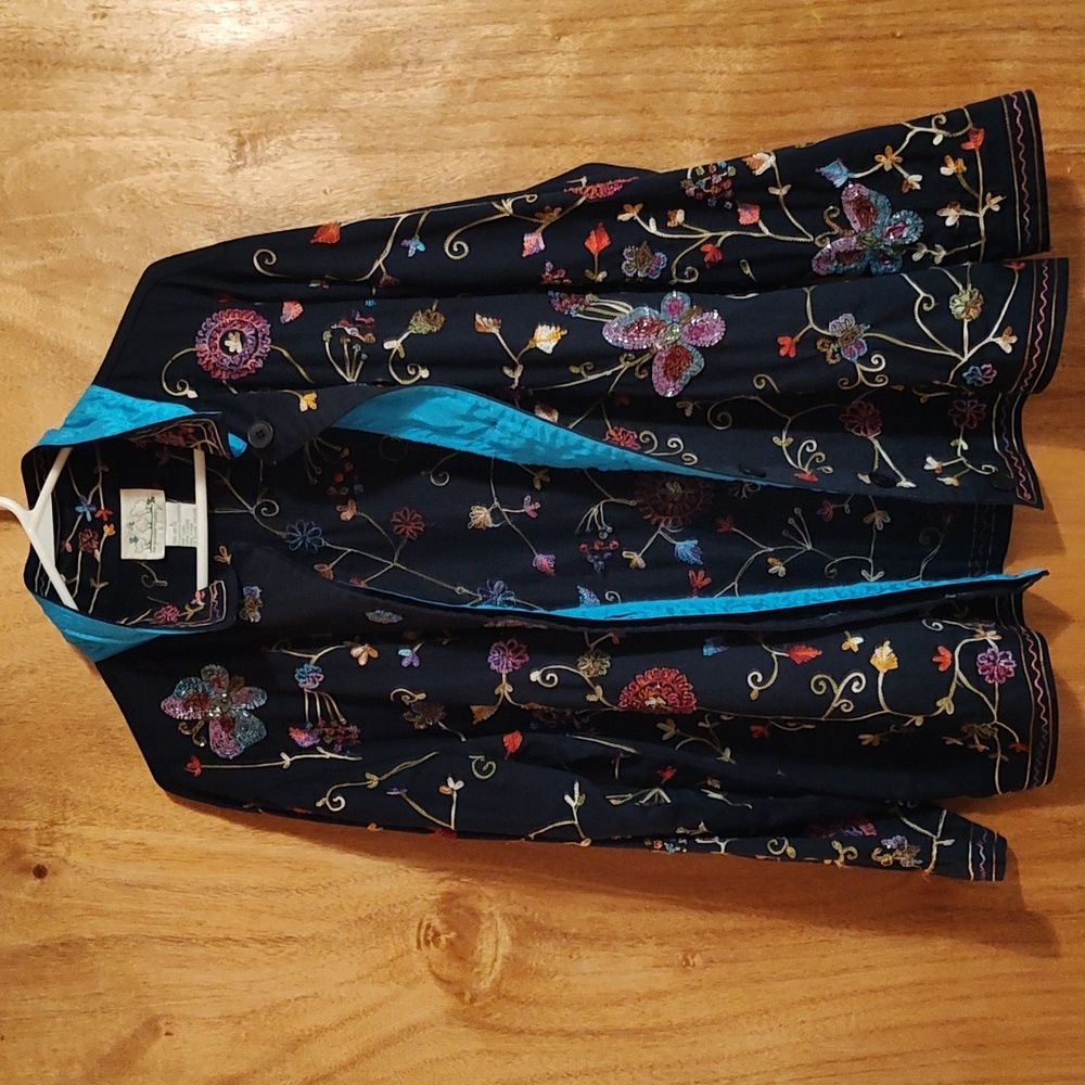 Stunning Quacker Factory Beaded Shacket Navy Embroidery Butterfly Cotton India L - Picture 2 of 16